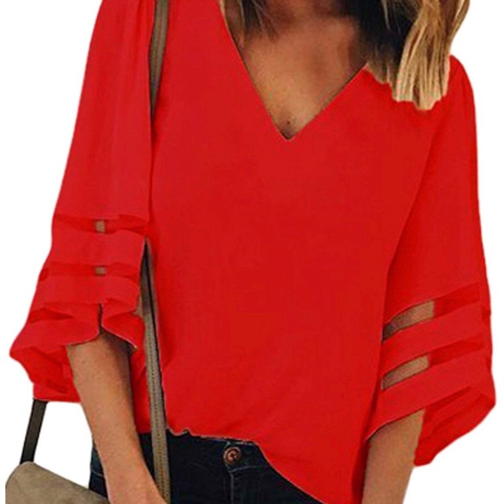 Red V Neck 3/4 Bell Sleeve Casual Lace Patchwork
